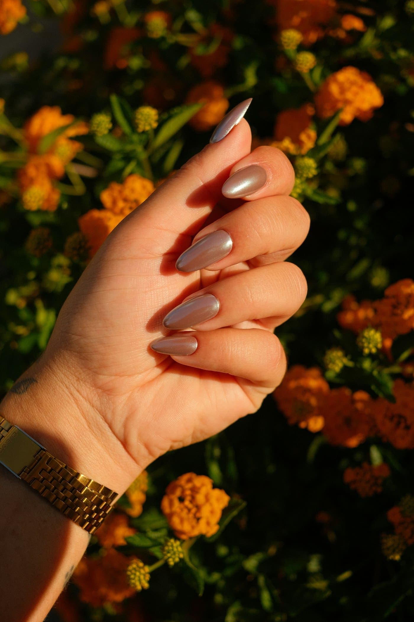 Unhas amendoadas em taupe cromado